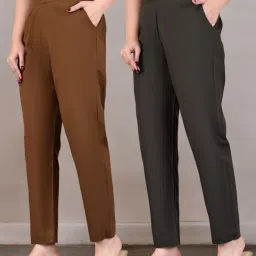 Pack of 2 Women Regular Fit Brown, Grey Pure Cotton Trousers-picture-11