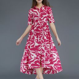 Women Gathered Pink Below Knee Dress-image-75