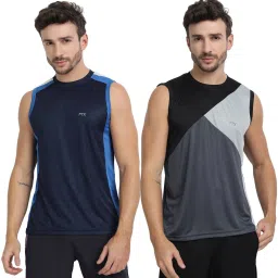 Pack of 2 Men Solid Round Neck Polyester Dark Blue, Grey T-Shirt-image-84