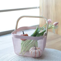 Metal Wire Basket With Handle|Storage Basket|Mesh Open Storage Bin|Pink Iron Fruit & Vegetable Basket-image-24