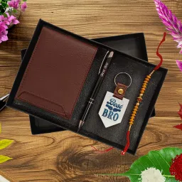 Designer Mens Casual Brown Leather Wallet Metal Pen,Keychain,Gift for Brother Rakhi Sandalwood Rakhi, Key Ring, Pen, Wallet Set-picture-1