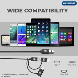 Bandridge U Series Type A to Type C, Micro USB, Lightning 3.2 Feet (1M) 3-in1 Cable (Tangle Free, Black) image 5