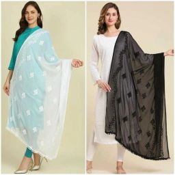 Chiffon Embroidered White, Black Women Dupatta-image-87