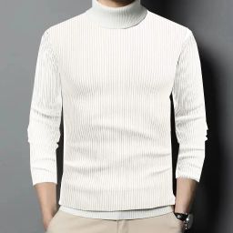 Men Self Design High Neck White Sweater-image-127