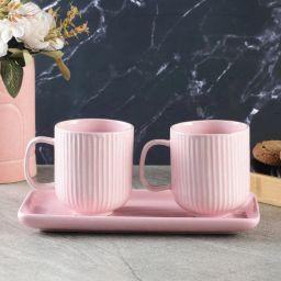 the decor mart Combed Ceramic 411 mL (Set of 2) Tea Cups with Tray-picture-19