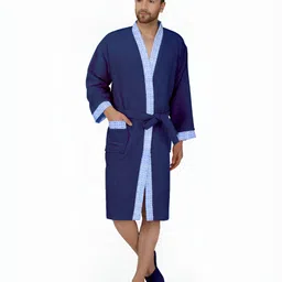 RANGOLI Navy Blue 420 GSM Pure Cotton Bathrobe With Matching Slippers-image-36