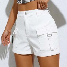 Solid Women White Cargo Shorts-image-6