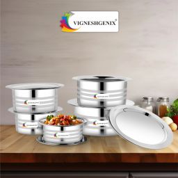 Pack of 5 Stainless Steel Induction Base Flat Bottom Silver Aluminium Tope or Patila Dinner Set-image-1