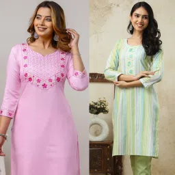 Pack of 2 Women Printed, Embroidered Pure Cotton Straight Kurta-image-40
