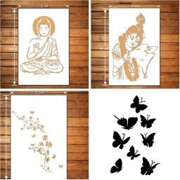 WALL FOR (SIZE 16X24 INCH) BUDDHA, KRISHNA WITH COW , BUTTERFLY LEAF & BUTTERFLY Suitable For Bedroom, Drawing Room & Office Decoration Modern Home Wall Arts Stencil-26