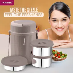 trueware Insulated Hot Lunch Box With 2 SS Container 300 ML & 1 SS Container 200ML 3 Containers Lunch Box image 5