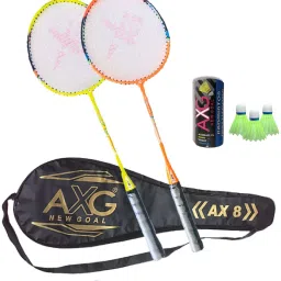 Fluorescent Aluminium AX-8 Set of 2 Multicolor Racquets & 3 Plastic Shuttles Badminton Kit-17