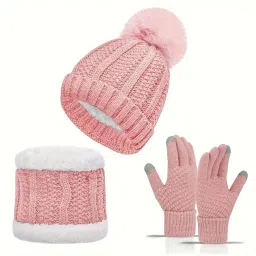 women's winter woolen caps neck warmer and touchscreen gloves set Woven Beanie-image-19