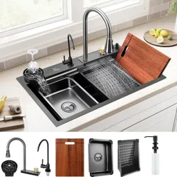 fossa 32"X18" Waterfall Workstation Kitchen Sink Honeycomb Embossed Stainless Steel Black Nano Sink With Integrated Pull-Out Faucet all Accessories. Vessel Sink-picture-49