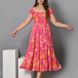 Women Fit and Flare Beige, Pink, Orange Midi/Calf Length Dress-image-22