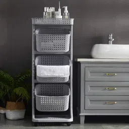 Plastic Clab Multipurpose 4 Layers Storage Basket Rack with Wheel (Grey Colour) Storage Basket-25