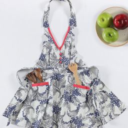 TARAN LIVING White & Navy Blue Floral Printed Cotton Bib Apron-16