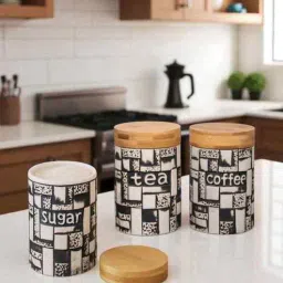 aarvi decor studio Set of 3 The pantry luxe Ceramic and Wooden Jar Containers-picture-7