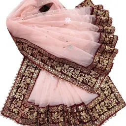 Net Embroidered Peach Women Dupatta-5