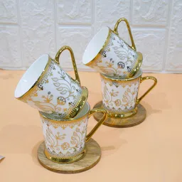 Femora White & Gold-Toned 4 Pieces Floral Printed Ceramic Matte Coffee & Tea Cup image 2