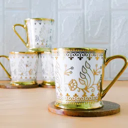 Femora White & Gold-Toned 4 Pieces Floral Printed Ceramic Matte Coffee & Tea Cup image 4