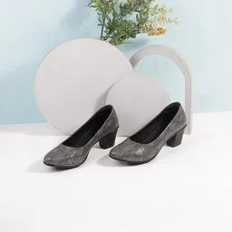 Mochi Textured Round Toe Block Heeled Pumps-50