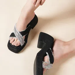 EVERLY Textured Embellished Open Toe Block Heels-0