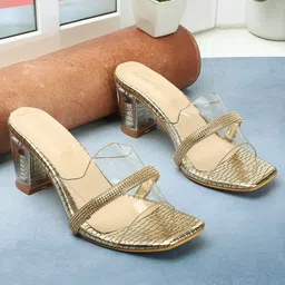 DressBerry Gold-Toned Textured Embellished Open Toe Block Heels-6