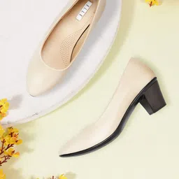 ELLE Women Cream-Coloured & Black Solid Pumps-5