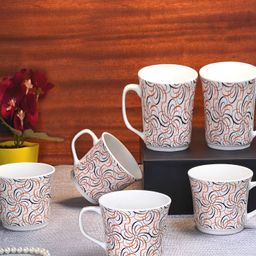 UPC White & Orange 6 Pieces Printed Ceramic Glossy Mugs 190 ml Each-37