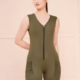 Olive Green Zipped Romper Style Swimsuit Solid Women Swim-dress Green Swimsuit-image-34