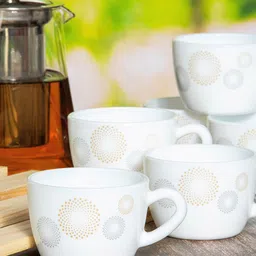 Cello White & Yellow Set of 12 Floral Printed Opalware Glossy Cups Set 130ml image 1