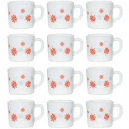Cello White & Orange Set of 12 Floral Printed Opalware Glossy Cups Set 100ml image 2