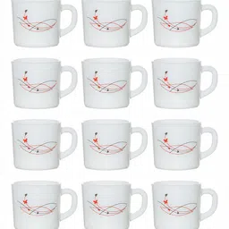 Cello White & Red Set of 12 Floral Printed Opalware Glossy Cups 130ml image 2