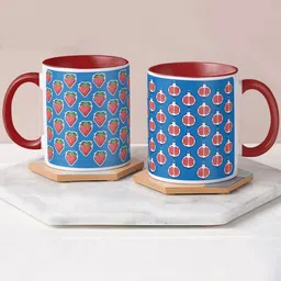 Indigifts Set of 2 Strawberries and Pomegranate Printed Glossy Ceramic Coffee Mugs-29