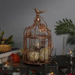 Copper Bird Cage Lantern with Floral Vine Small Single, with hanging chain Brown Metal Hanging Lantern-image-8