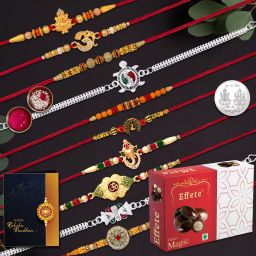 Designer Q10_Combo8_P32 Assorted Rakhi, Chawal Roli Pack, Greeting Card, Coins Set-image-12
