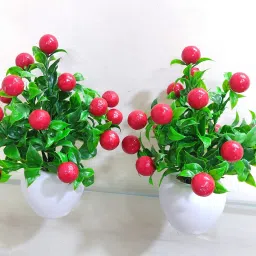SET OF 2 CHERRY PLANT WITH APPLE DESIGN POT FOR TABLE TOP , OFFICE AND GIFT PURPOSE ( 23 CM , RED ) Artificial Plant with Pot-image-33