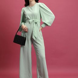 Tokyo Talkies Green Checked Waist Tie-Ups Basic Jumpsuit-58