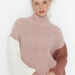 Trendyol Women Beige & Brown Colourblocked Pullover-picture-4