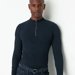 Trendyol Men Navy Blue Ribbed Pullover-image-48