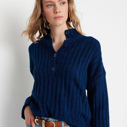 Trendyol Women Navy Blue Self Design Pullover With Button Detail-image-79