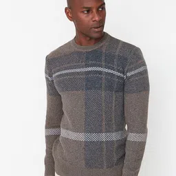 Trendyol Men Brown & Grey Checked Pullover-image-44