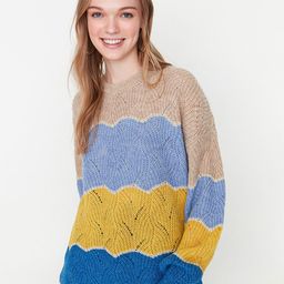 Trendyol Women Blue & Beige Colourblocked Pullover-image-32