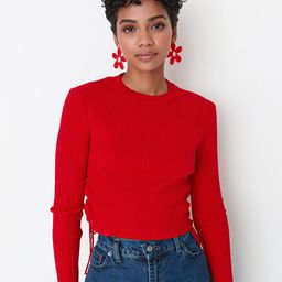 Trendyol Women Cherry Red Ribbed Pullover-image-84