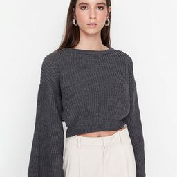 Trendyol Women Charcoal Ribbed Acrylic Pullover-image-7
