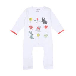 MiArcus Kids White Printed Round Neck Cotton Sleepsuit-55