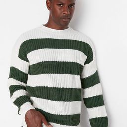 Trendyol Men Green & White Acrylic Striped Pullover-image-68