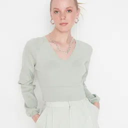 Trendyol Women Green Ribbed Pullover-picture-56