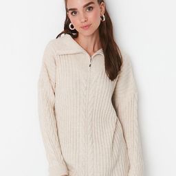 Trendyol Women Beige Cable Knit Longline Acrylic Pullover-image-80
